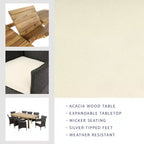 Set da pranzo GDFStudio Kenerson per esterno in 9 pezzi con vimini e legno di acacia e tavolo allungabile, teak/multimarrone