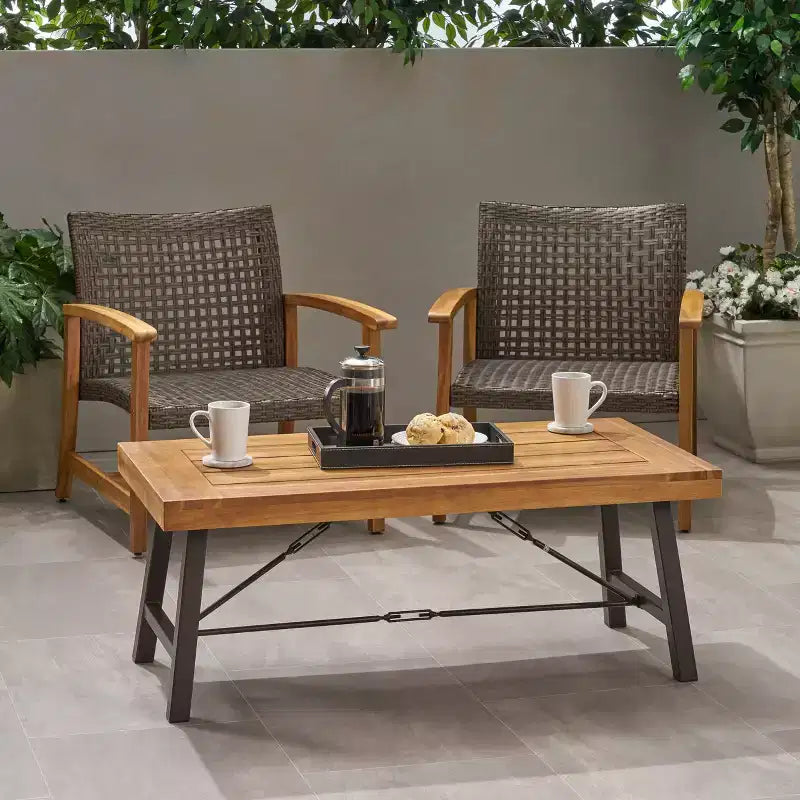 GDFStudio Rosario Outdoor Industrial 45.75 Acacia Wood Coffee Table, Teak/Rustic Metal