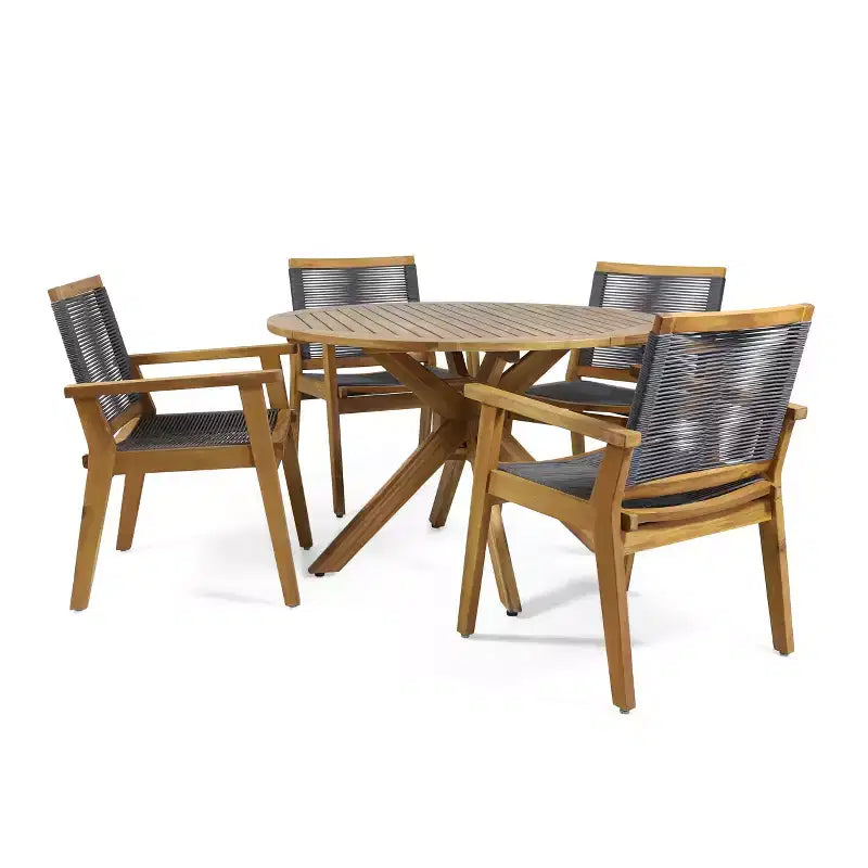 Set da pranzo GDFStudio Specter da 5 pezzi in legno di acacia e corda per esterni, Teak/Grigio scuro