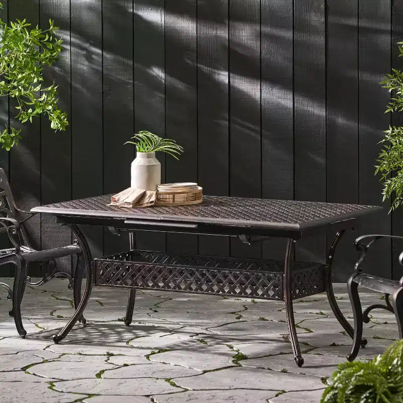 GDFStudio Betsys Outdoor Cast Aluminum 64 Expandable Dining Table with Umbrella Hole, Shiny Copper