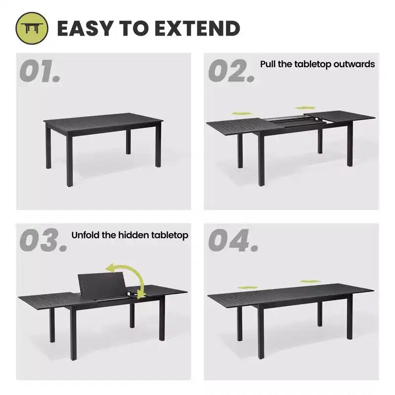 Crestlive Products Set da pranzo espandibile da 9 pezzi per patio, in alluminio per esterni, tavolo rettangolare da 240 cm per 6-8 persone con sedie pieghevoli