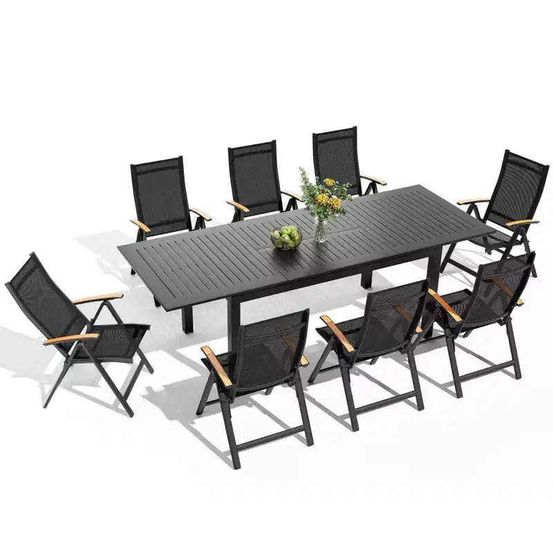 Crestlive Products Set da pranzo espandibile da 9 pezzi per patio, in alluminio per esterni, tavolo rettangolare da 240 cm per 6-8 persone con sedie pieghevoli