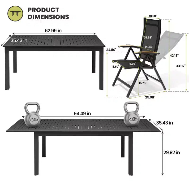 Crestlive Products Set da pranzo espandibile da 9 pezzi per patio, in alluminio per esterni, tavolo rettangolare da 240 cm per 6-8 persone con sedie pieghevoli