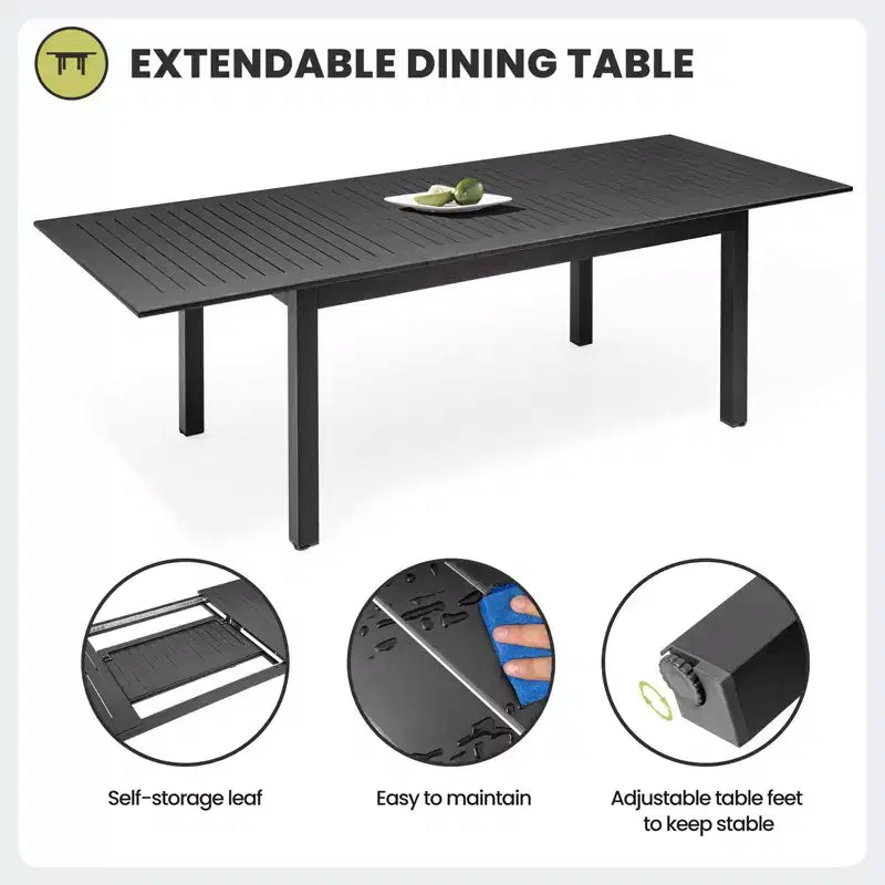 Crestlive Products Set da pranzo espandibile da 9 pezzi per patio, in alluminio per esterni, tavolo rettangolare da 240 cm per 6-8 persone con sedie pieghevoli