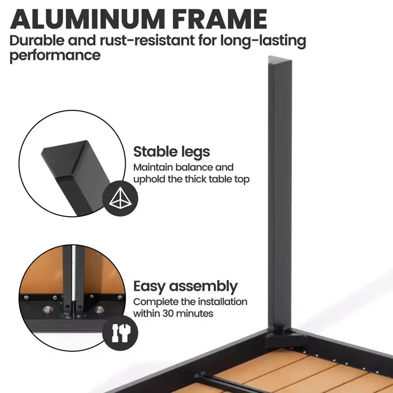 Crestlive Products Tavolo da pranzo da esterno per 4-6 persone Tavolo rettangolare da patio, telaio in alluminio con piano in finto legno resistente e foro per ombrellone Marrone