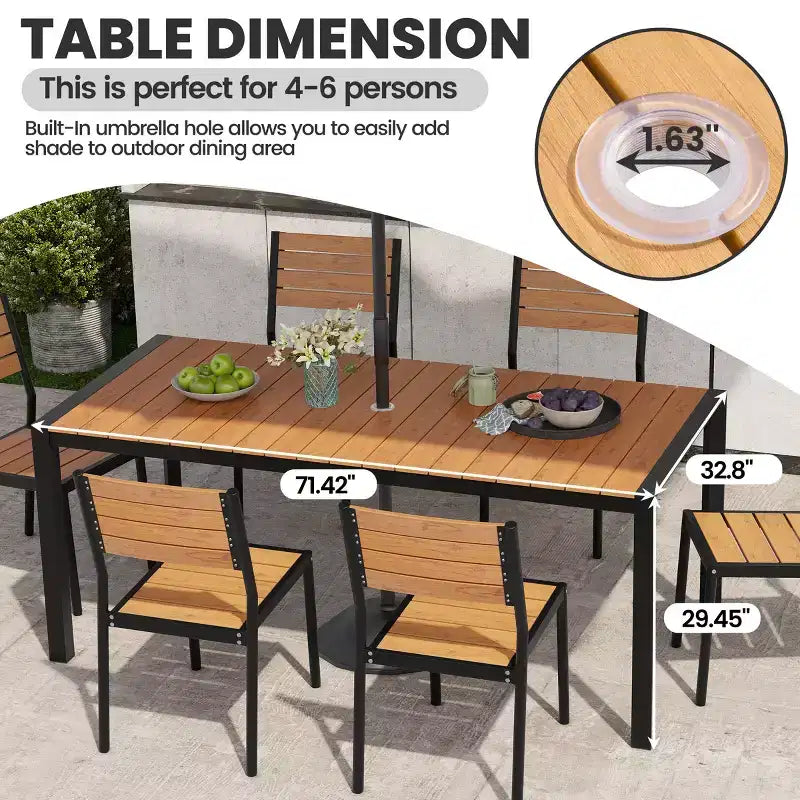 Crestlive Products Tavolo da pranzo da esterno per 4-6 persone Tavolo rettangolare da patio, telaio in alluminio con piano in finto legno resistente e foro per ombrellone Marrone