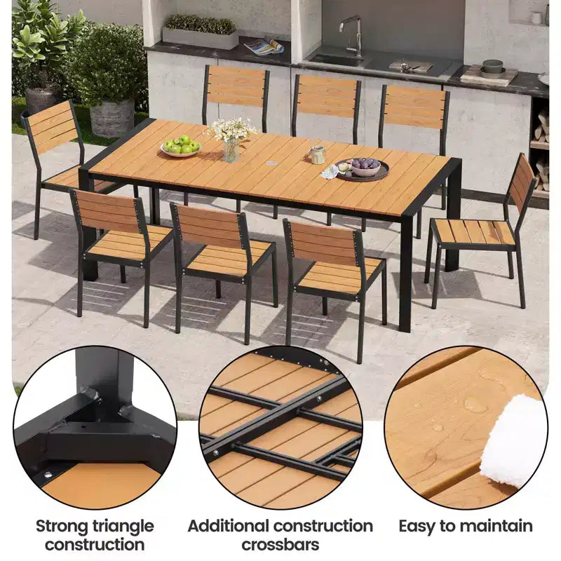 Crestlive Products Tavolo da pranzo da esterno per 4-6 persone Tavolo rettangolare da patio, telaio in alluminio con piano in finto legno resistente e foro per ombrellone Marrone