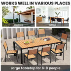 Crestlive Products Tavolo da pranzo da esterno per 4-6 persone Tavolo rettangolare da patio, telaio in alluminio con piano in finto legno resistente e foro per ombrellone Marrone