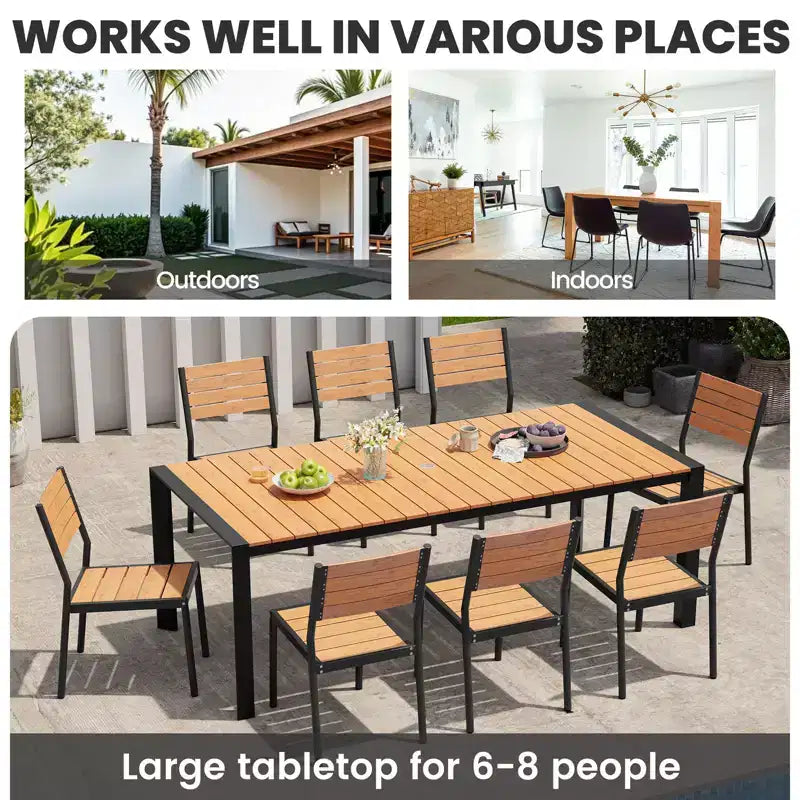 Crestlive Products Tavolo da pranzo da esterno per 4-6 persone Tavolo rettangolare da patio, telaio in alluminio con piano in finto legno resistente e foro per ombrellone Marrone