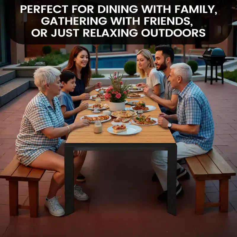 Crestlive Products Tavolo da pranzo da esterno per 4-6 persone Tavolo rettangolare da patio, telaio in alluminio con piano in finto legno resistente e foro per ombrellone Marrone