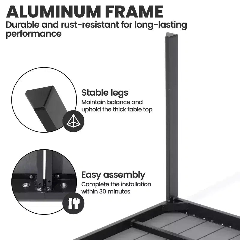Crestlive Products Tavolo da pranzo da esterno per 4-6 persone Tavolo rettangolare da patio, telaio in alluminio con piano in finto legno resistente e foro per ombrellone Marrone