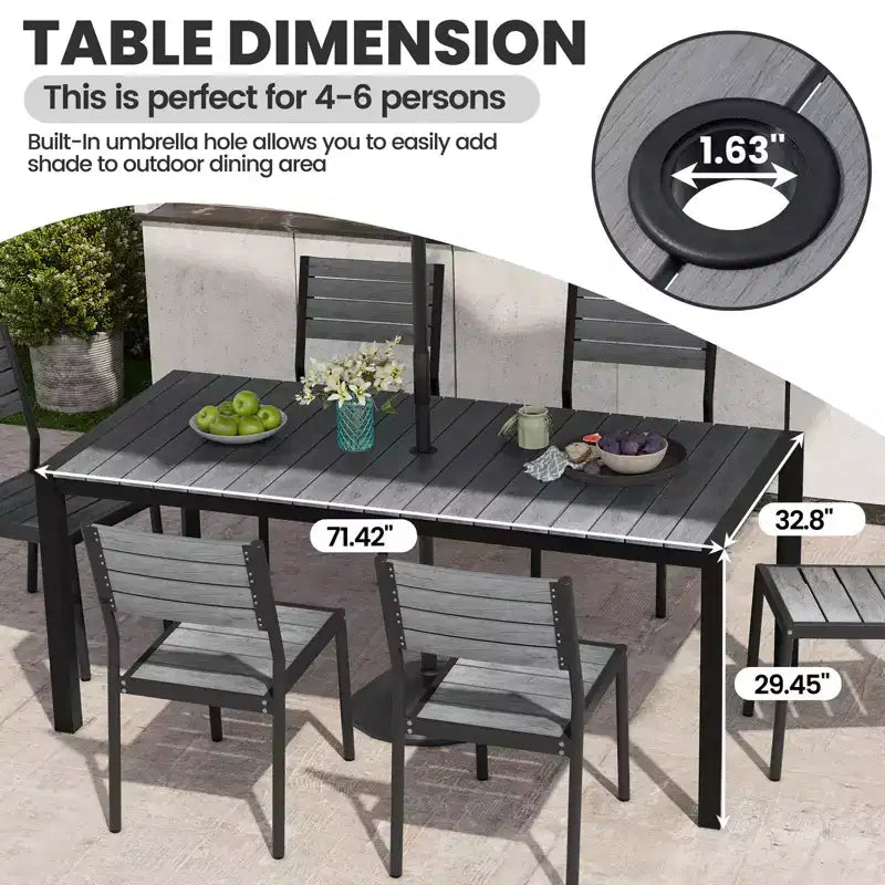 Crestlive Products Tavolo da pranzo da esterno per 4-6 persone Tavolo rettangolare da patio, telaio in alluminio con piano in finto legno resistente e foro per ombrellone Marrone