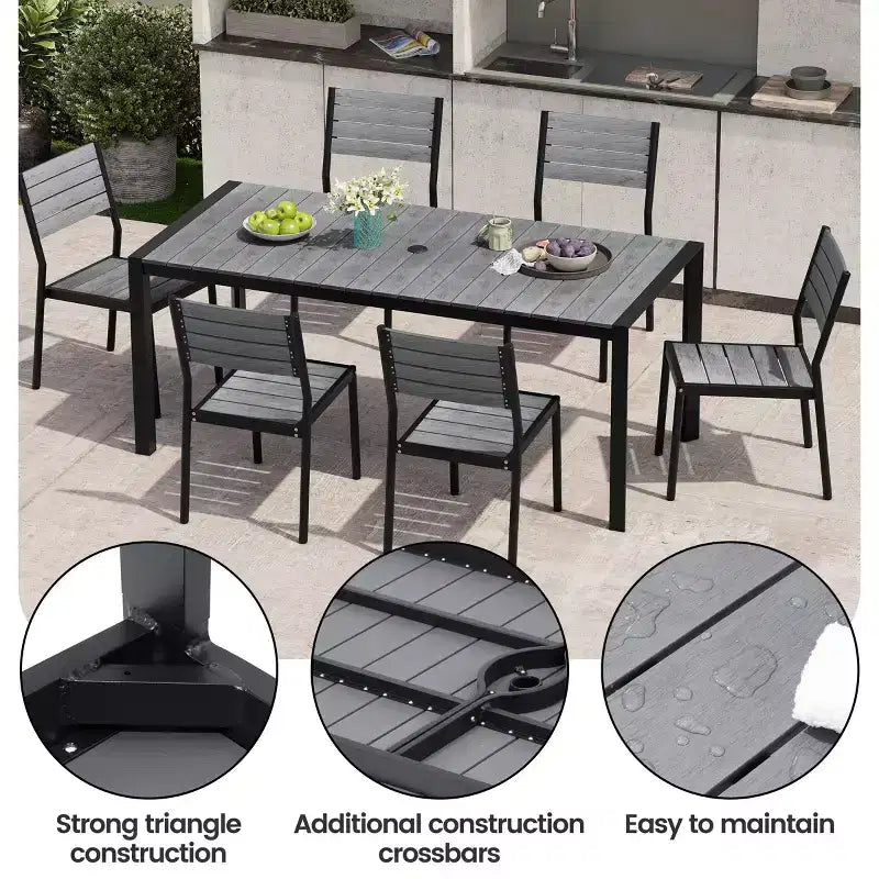 Crestlive Products Tavolo da pranzo da esterno per 4-6 persone Tavolo rettangolare da patio, telaio in alluminio con piano in finto legno resistente e foro per ombrellone Marrone