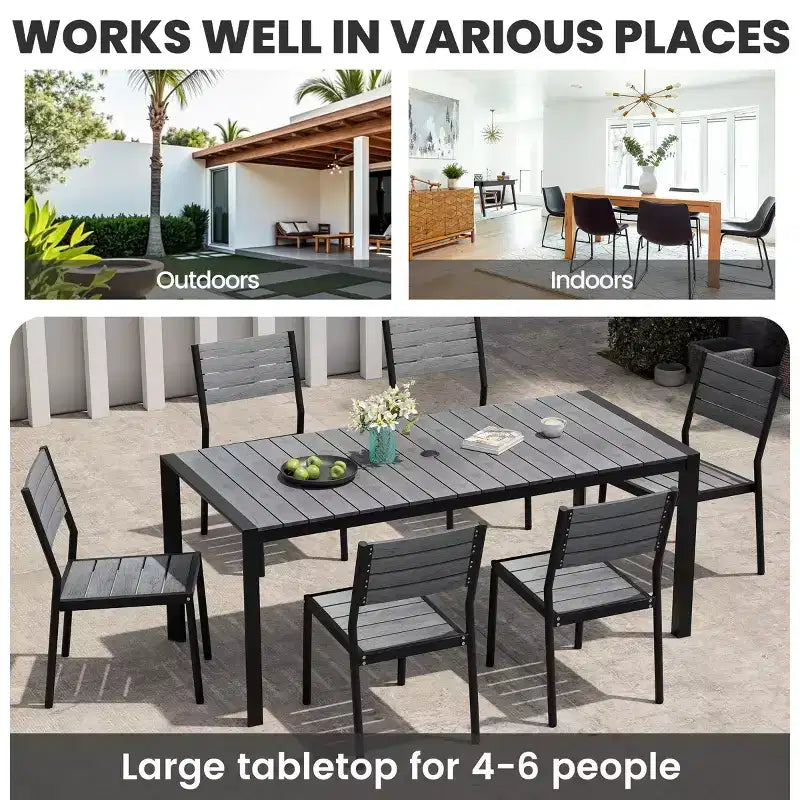 Crestlive Products Tavolo da pranzo da esterno per 4-6 persone Tavolo rettangolare da patio, telaio in alluminio con piano in finto legno resistente e foro per ombrellone Marrone