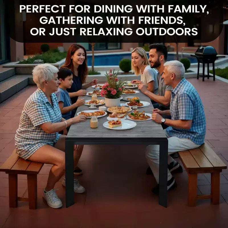 Crestlive Products Tavolo da pranzo da esterno per 4-6 persone Tavolo rettangolare da patio, telaio in alluminio con piano in finto legno resistente e foro per ombrellone Marrone