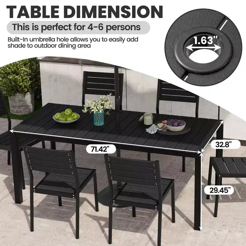 Crestlive Products Tavolo da pranzo da esterno per 4-6 persone Tavolo rettangolare da patio, telaio in alluminio con piano in finto legno resistente e foro per ombrellone Marrone