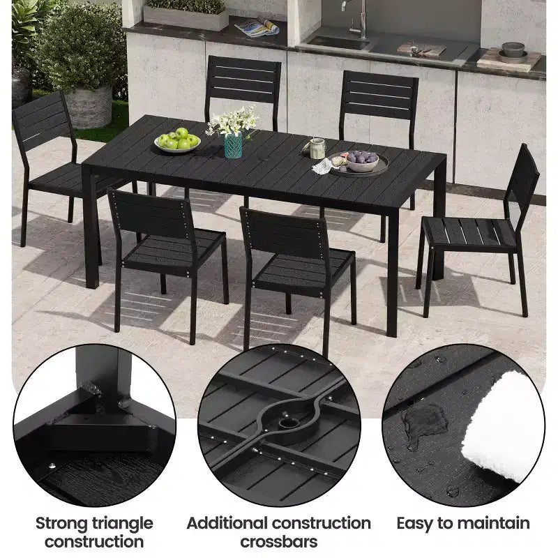 Crestlive Products Tavolo da pranzo da esterno per 4-6 persone Tavolo rettangolare da patio, telaio in alluminio con piano in finto legno resistente e foro per ombrellone Marrone