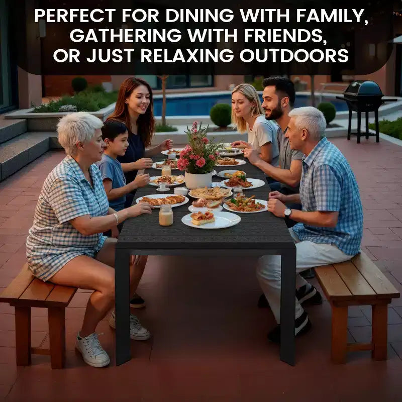 Crestlive Products Tavolo da pranzo da esterno per 4-6 persone Tavolo rettangolare da patio, telaio in alluminio con piano in finto legno resistente e foro per ombrellone Marrone