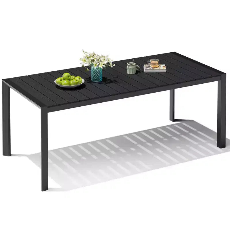 Crestlive Products Tavolo da pranzo da esterno per 4-6 persone Tavolo rettangolare da patio, telaio in alluminio con piano in finto legno resistente e foro per ombrellone Marrone