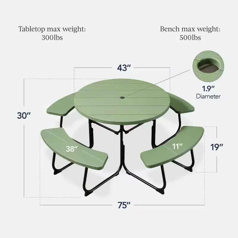 Best Choice Products Tavolo da Picnic Esterno Circolare per 8 Persone con 4 Panche, Foro per Ombrellone, Capacità 900 kg