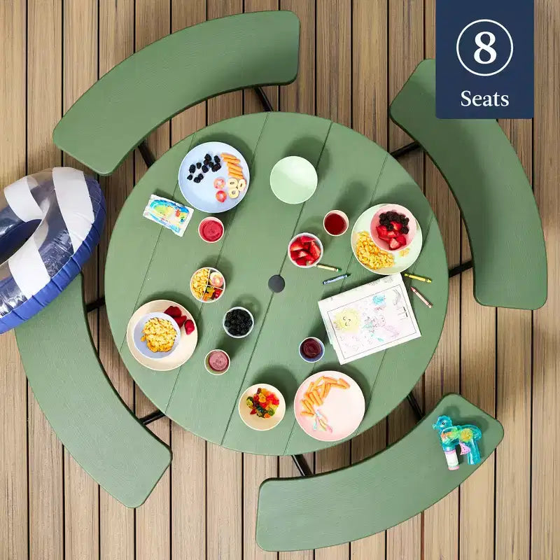Best Choice Products Tavolo da Picnic Esterno Circolare per 8 Persone con 4 Panche, Foro per Ombrellone, Capacità 900 kg