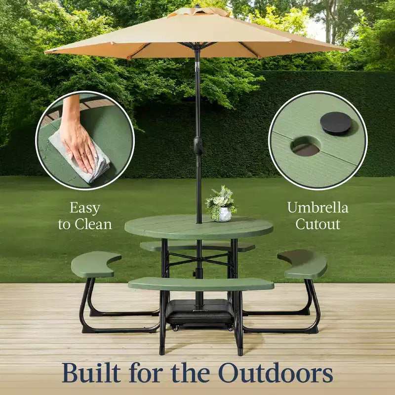 Best Choice Products Tavolo da Picnic Esterno Circolare per 8 Persone con 4 Panche, Foro per Ombrellone, Capacità 900 kg