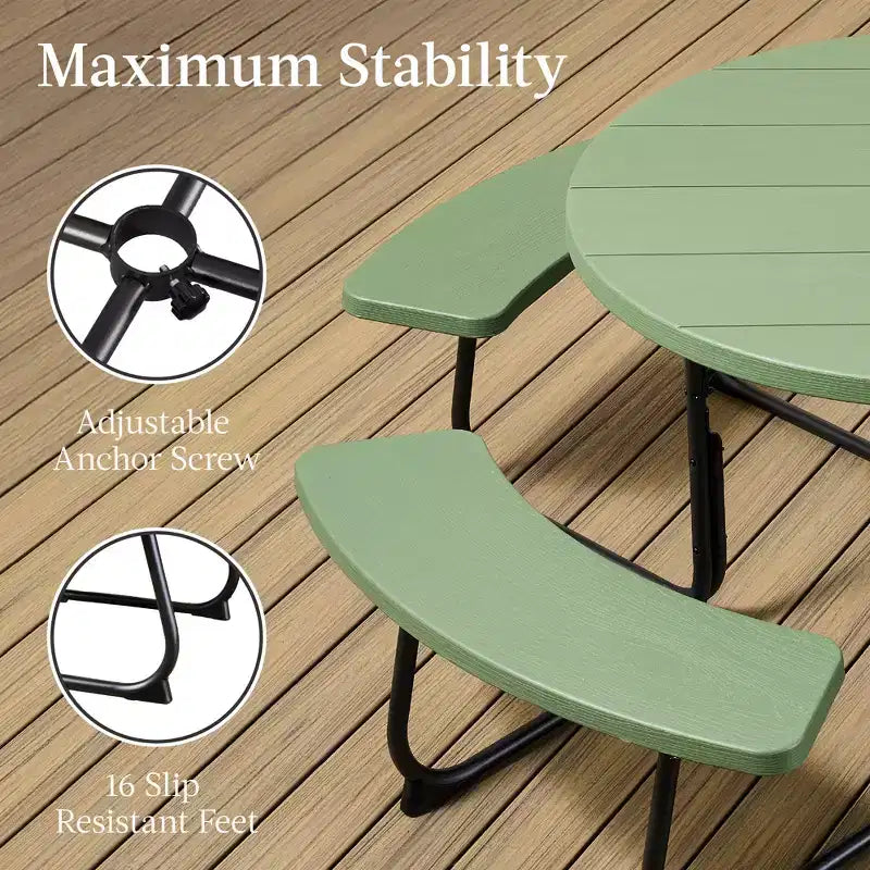 Best Choice Products Tavolo da Picnic Esterno Circolare per 8 Persone con 4 Panche, Foro per Ombrellone, Capacità 900 kg