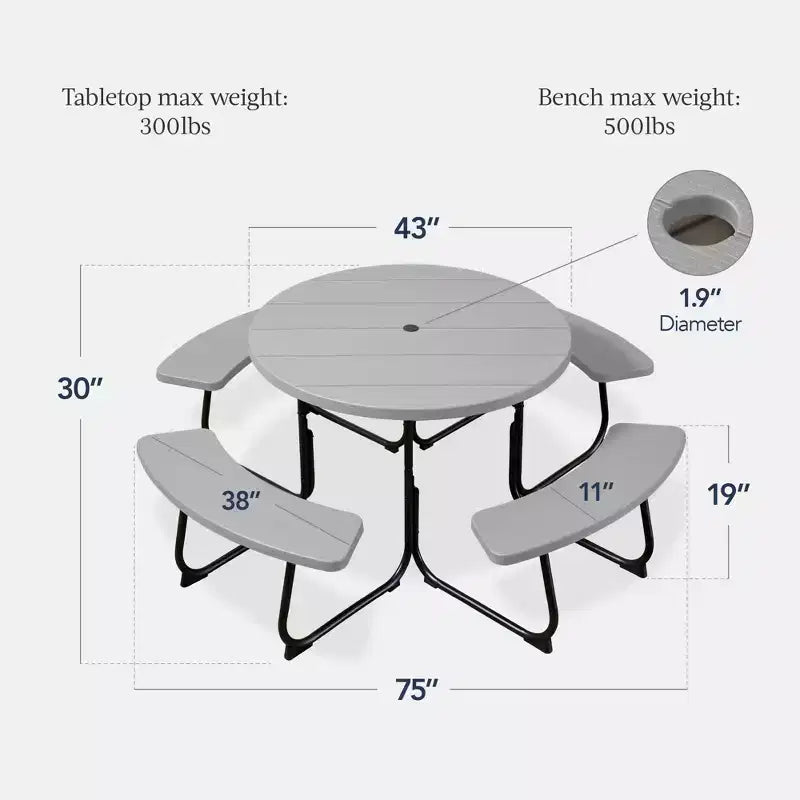 Best Choice Products Tavolo da Picnic Esterno Circolare per 8 Persone con 4 Panche, Foro per Ombrellone, Capacità 900 kg