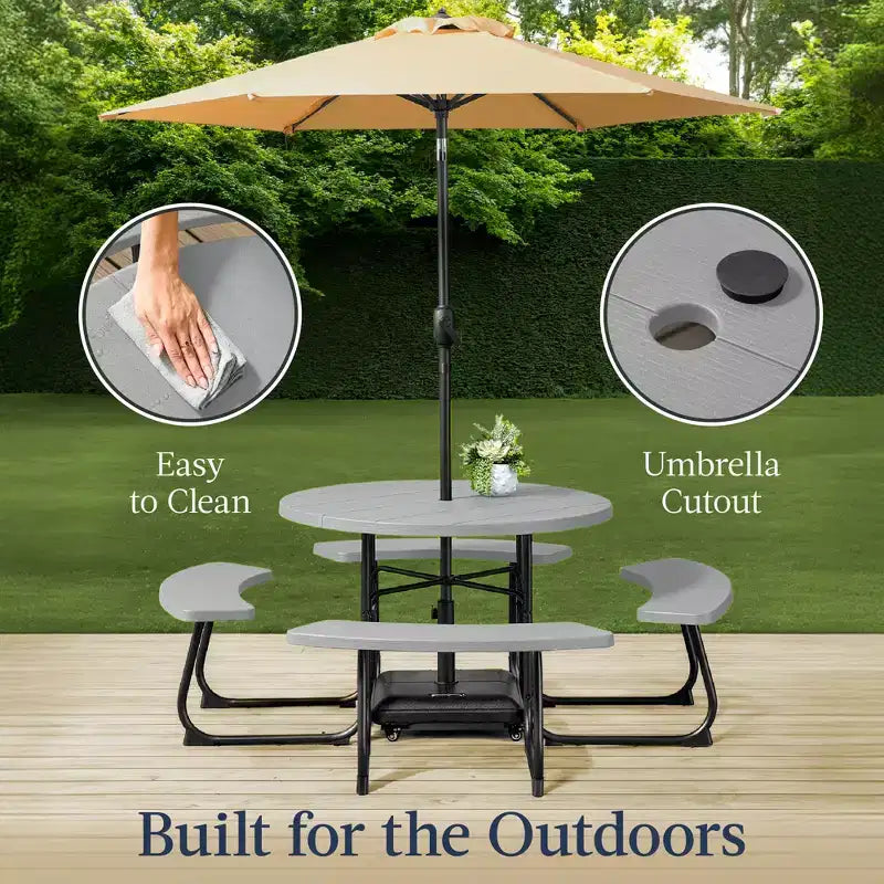 Best Choice Products Tavolo da Picnic Esterno Circolare per 8 Persone con 4 Panche, Foro per Ombrellone, Capacità 900 kg