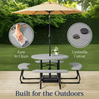 Best Choice Products Tavolo da Picnic Esterno Circolare per 8 Persone con 4 Panche, Foro per Ombrellone, Capacità 900 kg