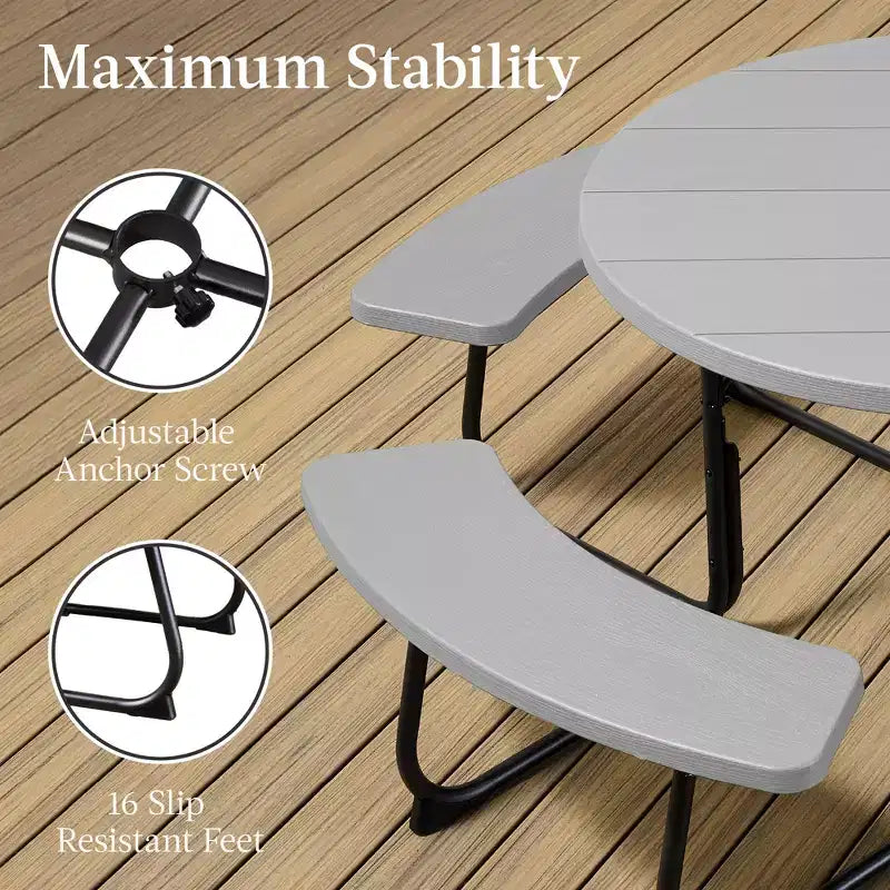 Best Choice Products Tavolo da Picnic Esterno Circolare per 8 Persone con 4 Panche, Foro per Ombrellone, Capacità 900 kg