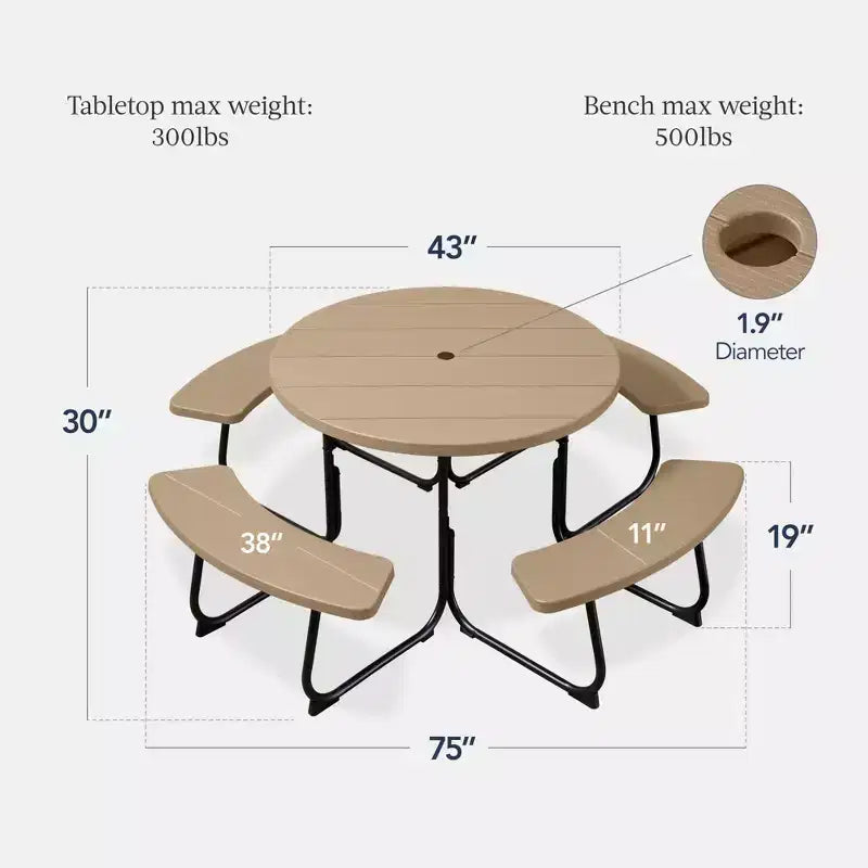 Best Choice Products Tavolo da Picnic Esterno Circolare per 8 Persone con 4 Panche, Foro per Ombrellone, Capacità 900 kg