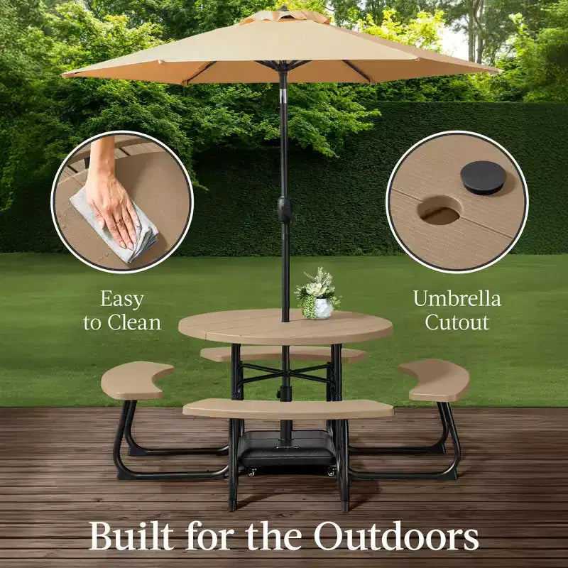 Best Choice Products Tavolo da Picnic Esterno Circolare per 8 Persone con 4 Panche, Foro per Ombrellone, Capacità 900 kg