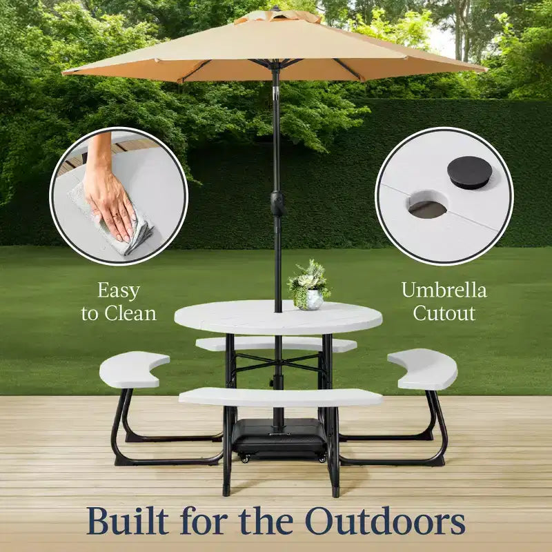 Best Choice Products Tavolo da Picnic Esterno Circolare per 8 Persone con 4 Panche, Foro per Ombrellone, Capacità 900 kg