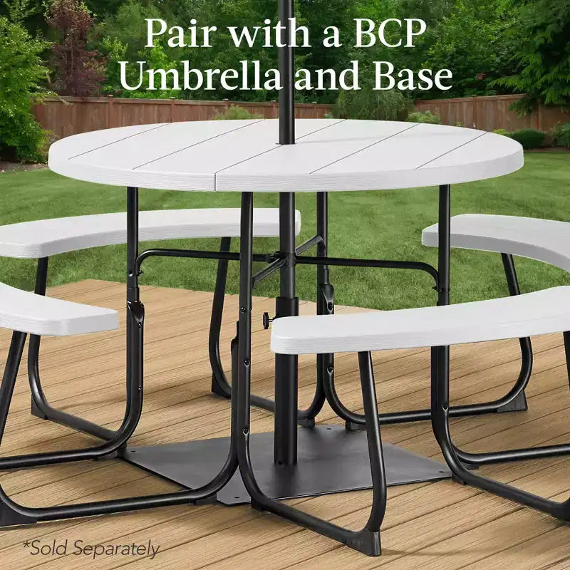 Best Choice Products Tavolo da Picnic Esterno Circolare per 8 Persone con 4 Panche, Foro per Ombrellone, Capacità 900 kg