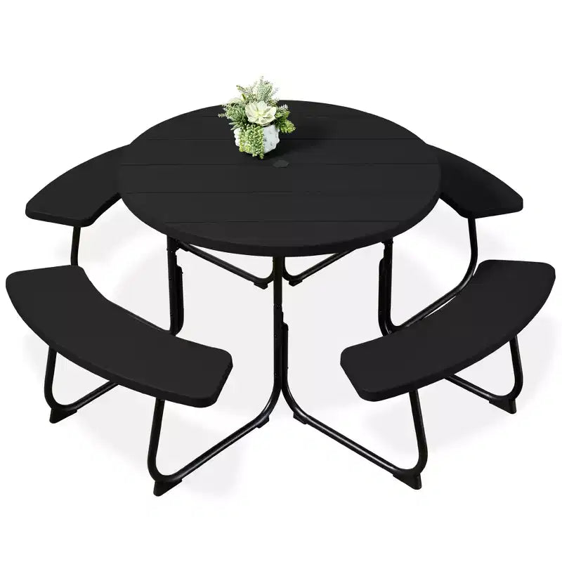 Best Choice Products Tavolo da Picnic Esterno Circolare per 8 Persone con 4 Panche, Foro per Ombrellone, Capacità 900 kg