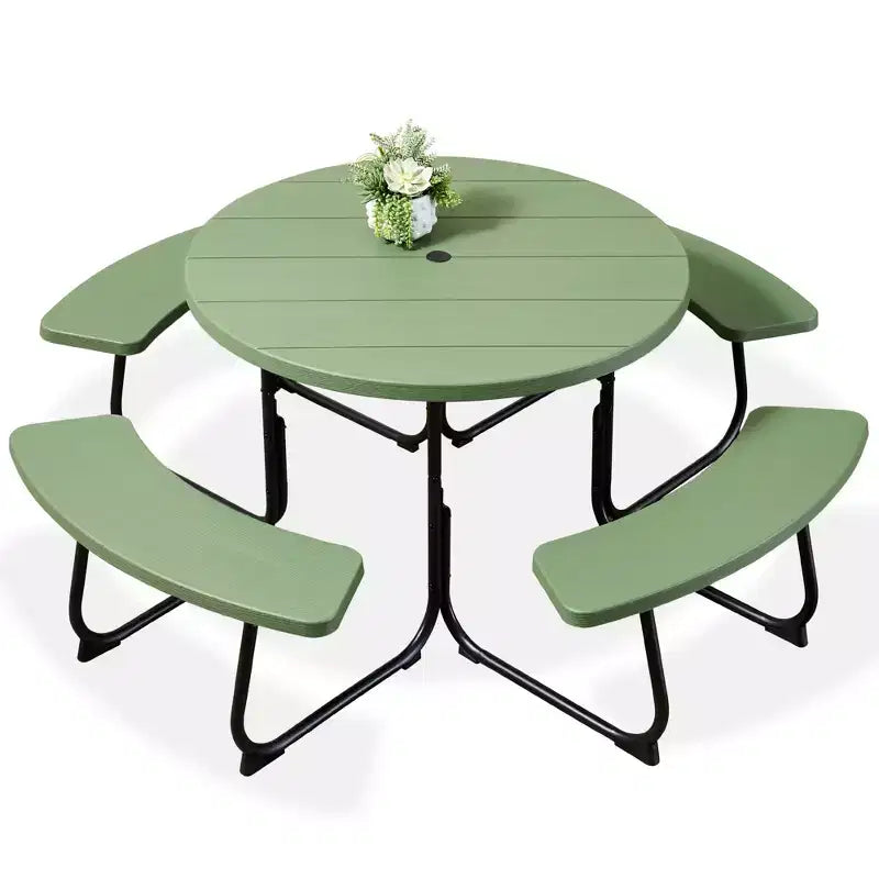 Best Choice Products Tavolo da Picnic Esterno Circolare per 8 Persone con 4 Panche, Foro per Ombrellone, Capacità 900 kg