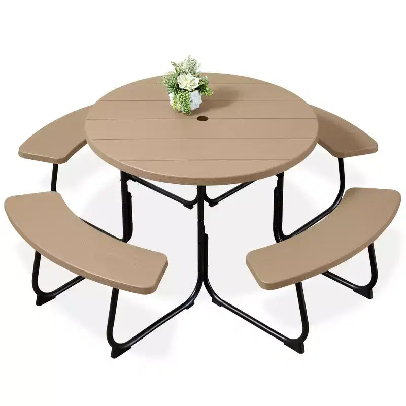 Best Choice Products Tavolo da Picnic Esterno Circolare per 8 Persone con 4 Panche, Foro per Ombrellone, Capacità 900 kg