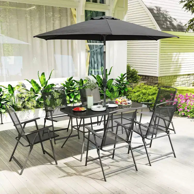 Set da pranzo Outsunny da 8 pezzi per patio con ombrellone, 6 sedie pieghevoli e tavolo da pranzo rettangolare, set di mobili da esterno per patio, nero