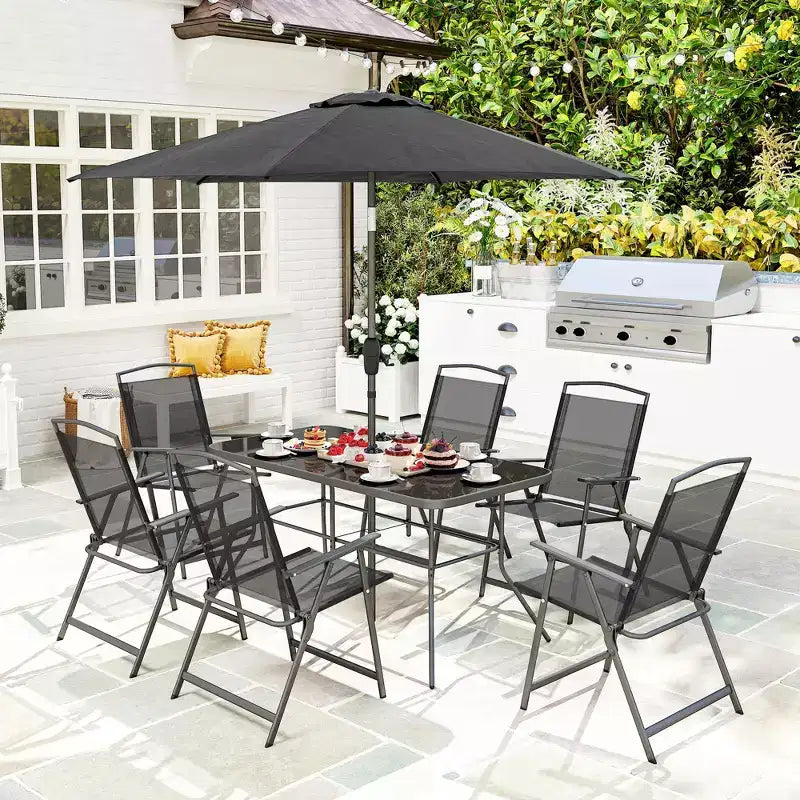 Set da pranzo Outsunny da 8 pezzi per patio con ombrellone, 6 sedie pieghevoli e tavolo da pranzo rettangolare, set di mobili da esterno per patio, nero
