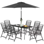 Set da pranzo Outsunny da 8 pezzi per patio con ombrellone, 6 sedie pieghevoli e tavolo da pranzo rettangolare, set di mobili da esterno per patio, nero