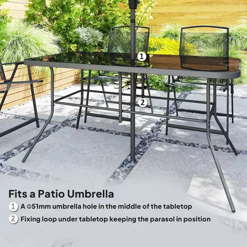 Set da pranzo Outsunny da 8 pezzi per patio con ombrellone, 6 sedie pieghevoli e tavolo da pranzo rettangolare, set di mobili da esterno per patio, nero