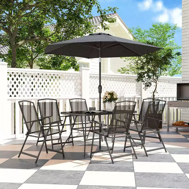 Set da pranzo Outsunny da 8 pezzi per patio con ombrellone, 6 sedie pieghevoli e tavolo da pranzo rettangolare, set di mobili da esterno per patio, nero