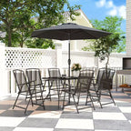 Set da pranzo Outsunny da 8 pezzi per patio con ombrellone, 6 sedie pieghevoli e tavolo da pranzo rettangolare, set di mobili da esterno per patio, nero