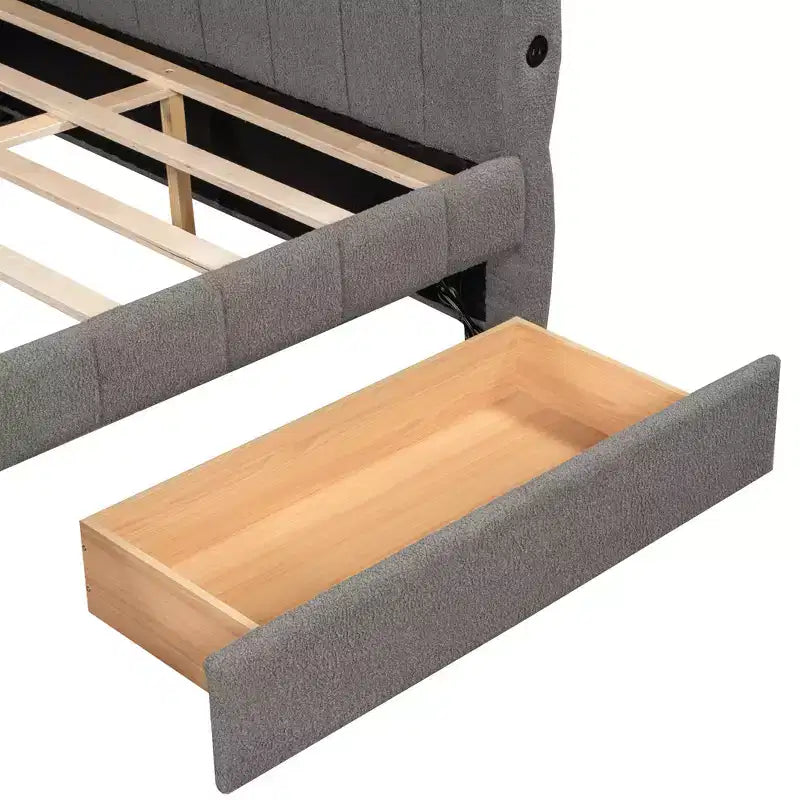 Letto a piattaforma Queen Size, Base letto imbottita con contenitore, Porte USB e 2 cassetti/letto estraibile - ModernLuxe