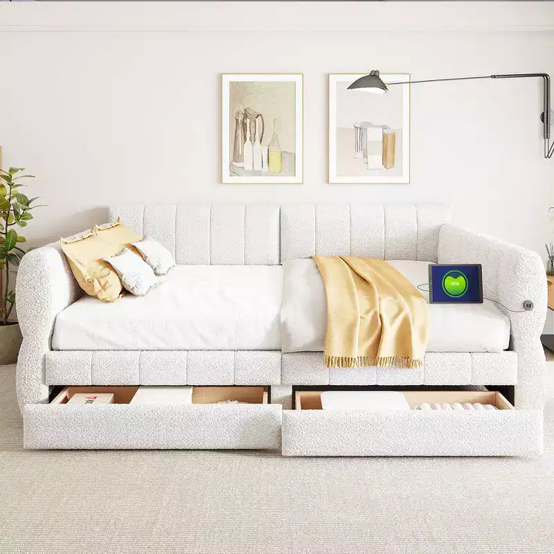 Letto a piattaforma Queen Size, Base letto imbottita con contenitore, Porte USB e 2 cassetti/letto estraibile - ModernLuxe
