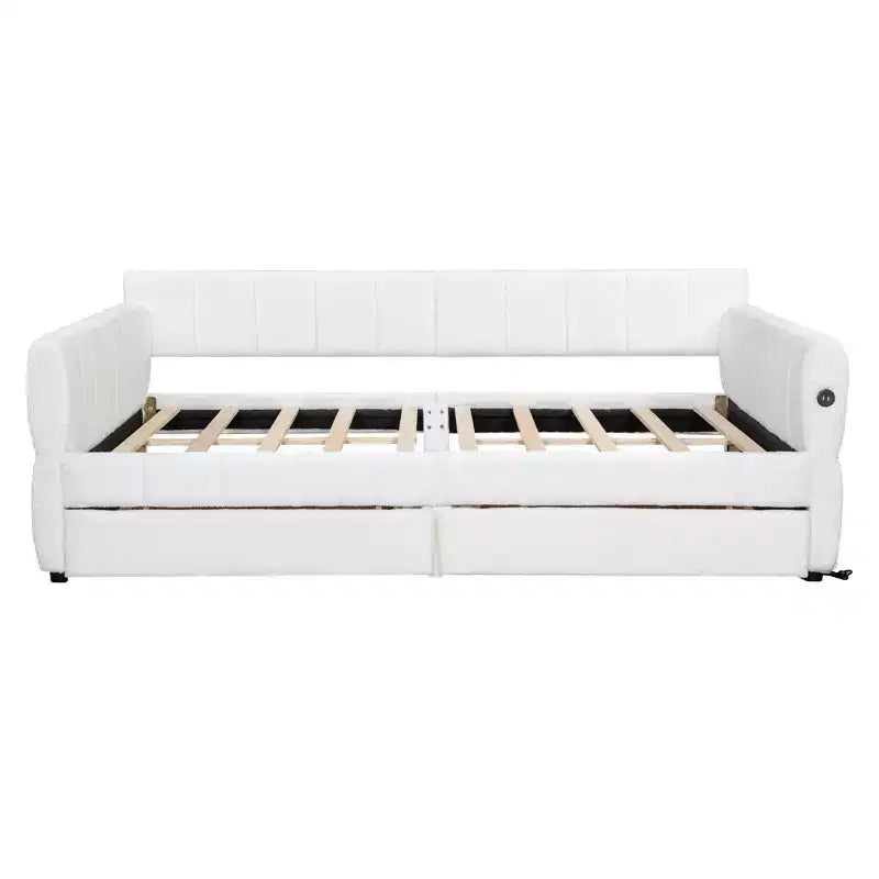 Letto a piattaforma Queen Size, Base letto imbottita con contenitore, Porte USB e 2 cassetti/letto estraibile - ModernLuxe