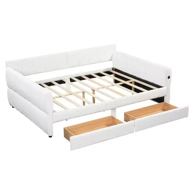 Letto a piattaforma Queen Size, Base letto imbottita con contenitore, Porte USB e 2 cassetti/letto estraibile - ModernLuxe