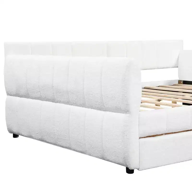 Letto a piattaforma Queen Size, Base letto imbottita con contenitore, Porte USB e 2 cassetti/letto estraibile - ModernLuxe