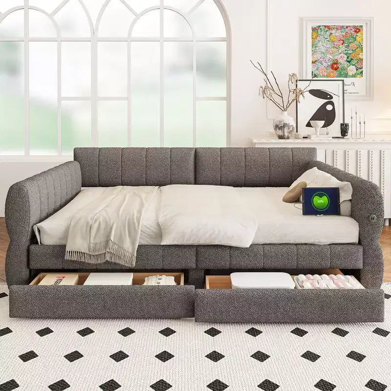Letto a piattaforma Queen Size, Base letto imbottita con contenitore, Porte USB e 2 cassetti/letto estraibile - ModernLuxe